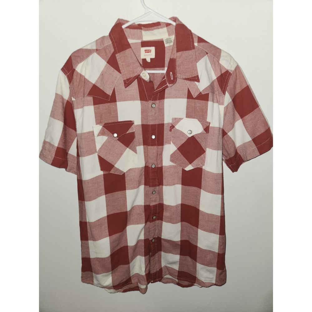 Levis Pearl Snap Shirt Short Large Sleeve Plaid Orange Western Rodeo Cowboy